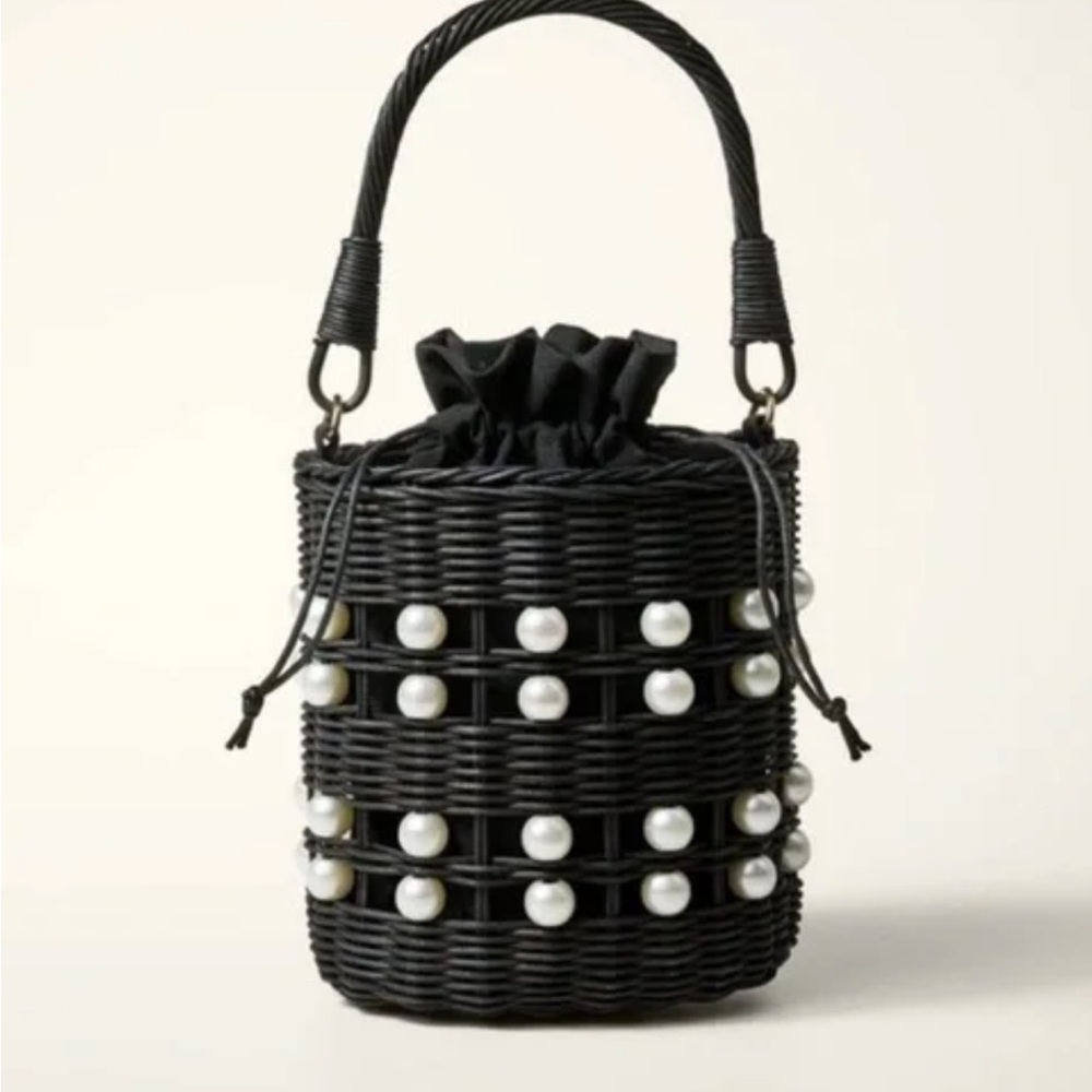 Kate Spade Black Woven Mini Bag with Pearl Details